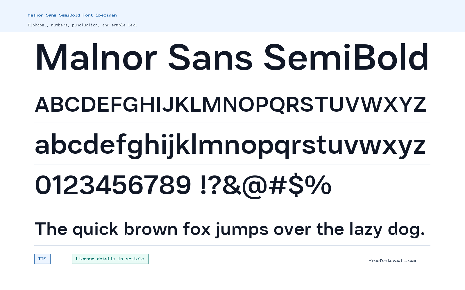 Malnor Sans SemiBold font specimen showing alphabet, numbers, and sample text