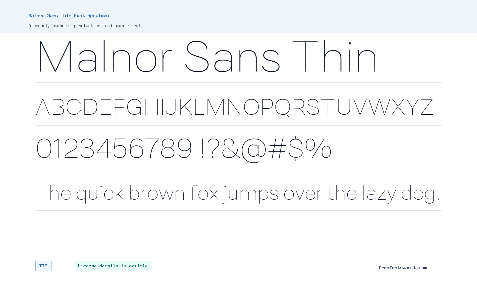 Malnor Sans Thin font specimen showing alphabet, numbers, and sample text