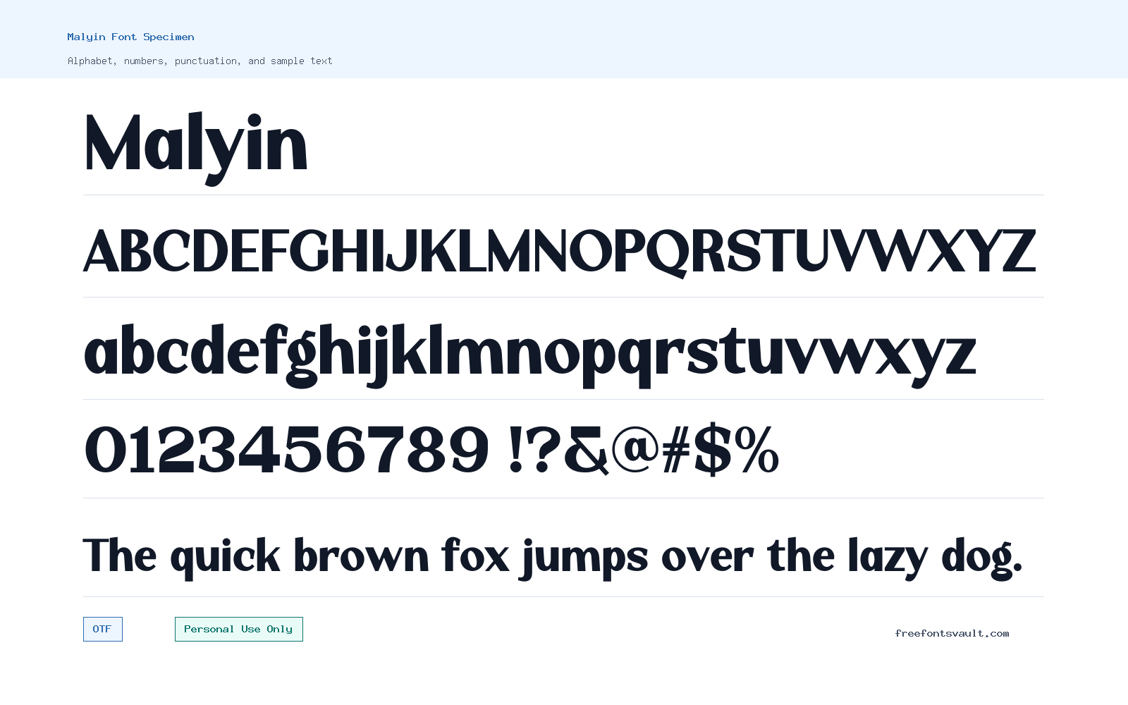 Malyin font specimen showing alphabet, numbers, and sample text