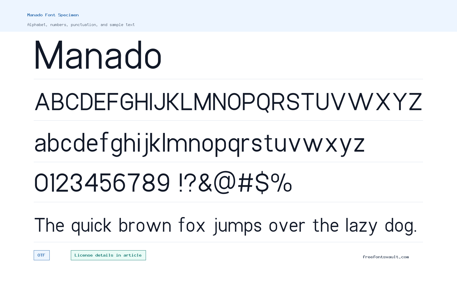 Manado font specimen showing alphabet, numbers, and sample text