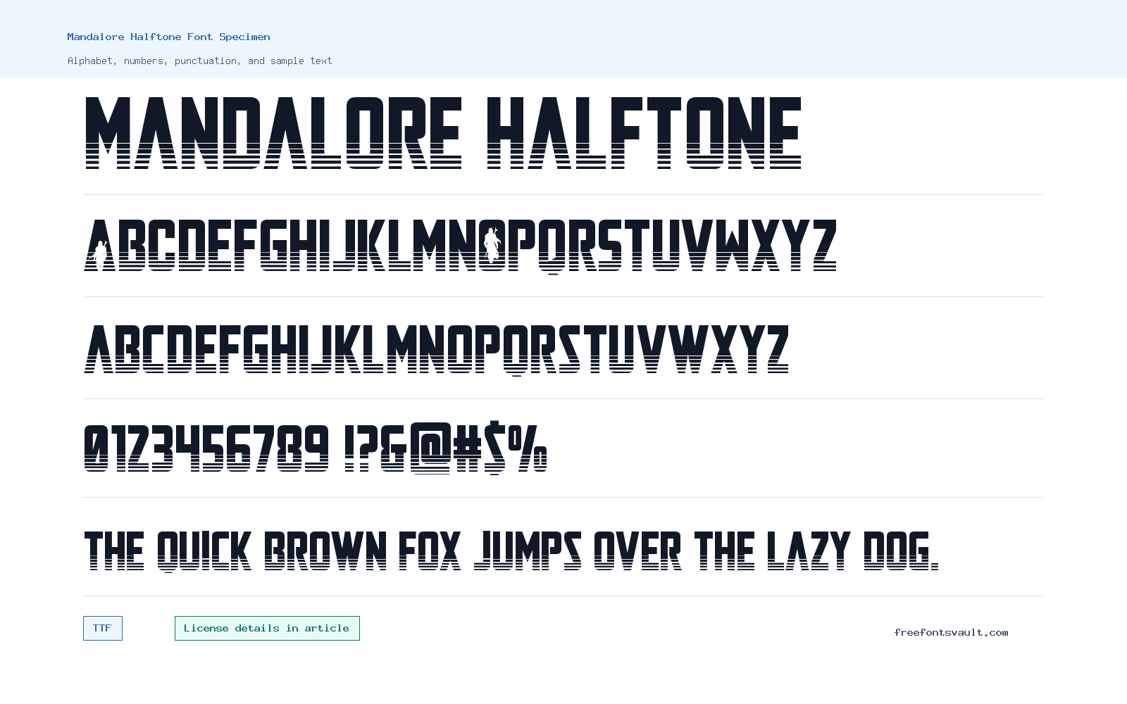 Mandalore Halftone font specimen showing alphabet, numbers, and sample text