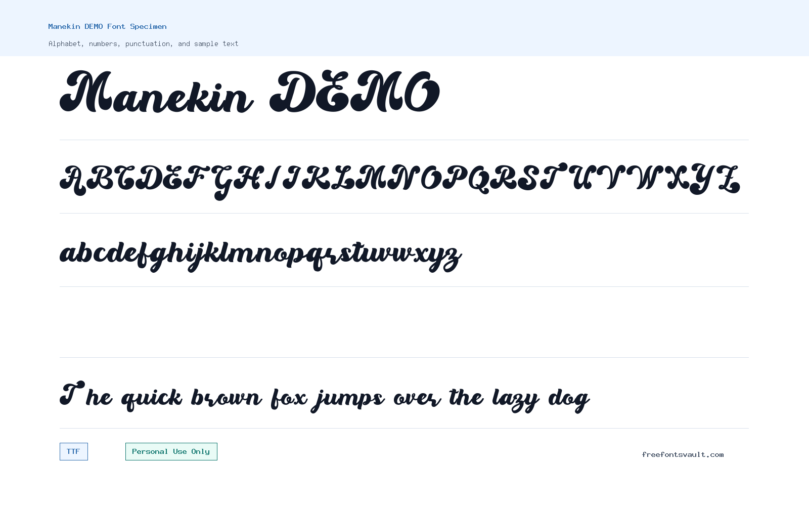 Manekin DEMO font specimen showing alphabet, numbers, and sample text