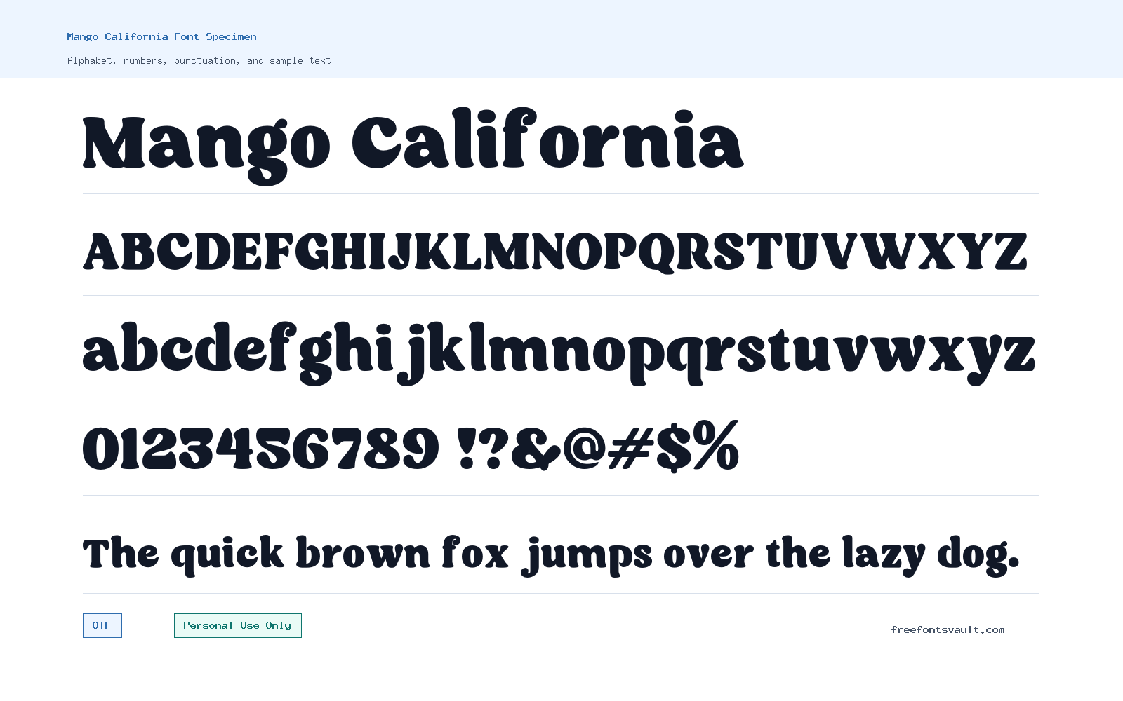 Mango California font specimen showing alphabet, numbers, and sample text