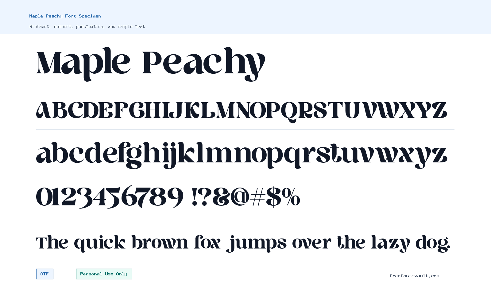 Maple Peachy font specimen showing alphabet, numbers, and sample text