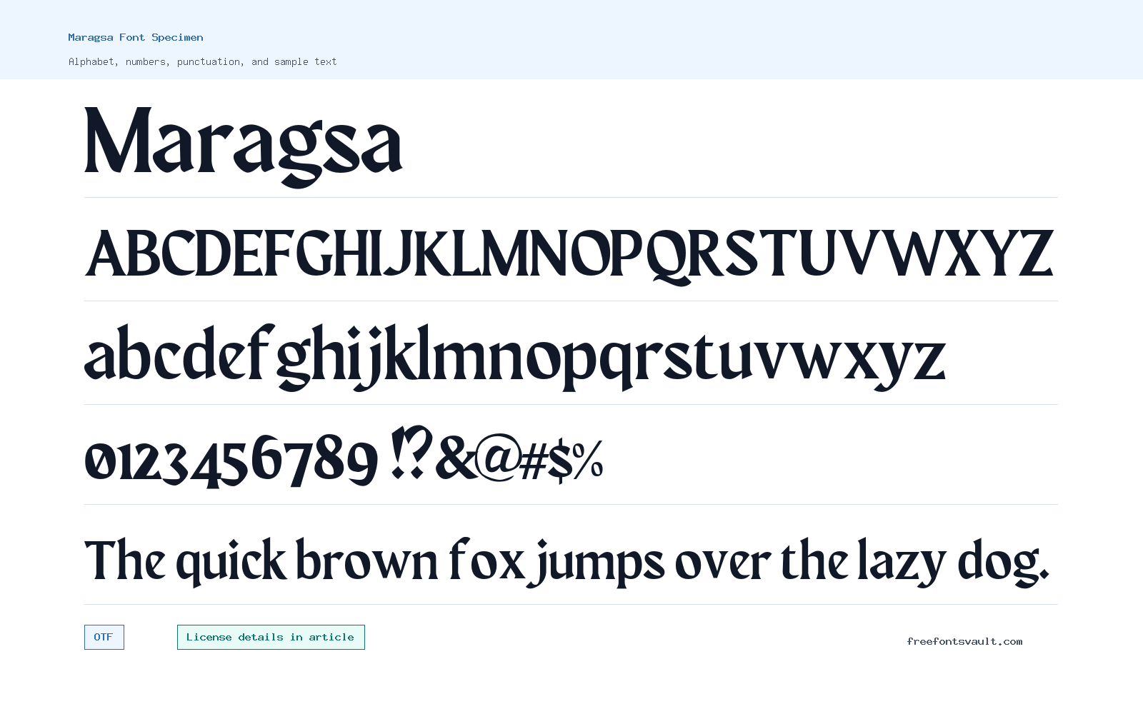 Maragsa font specimen showing alphabet, numbers, and sample text