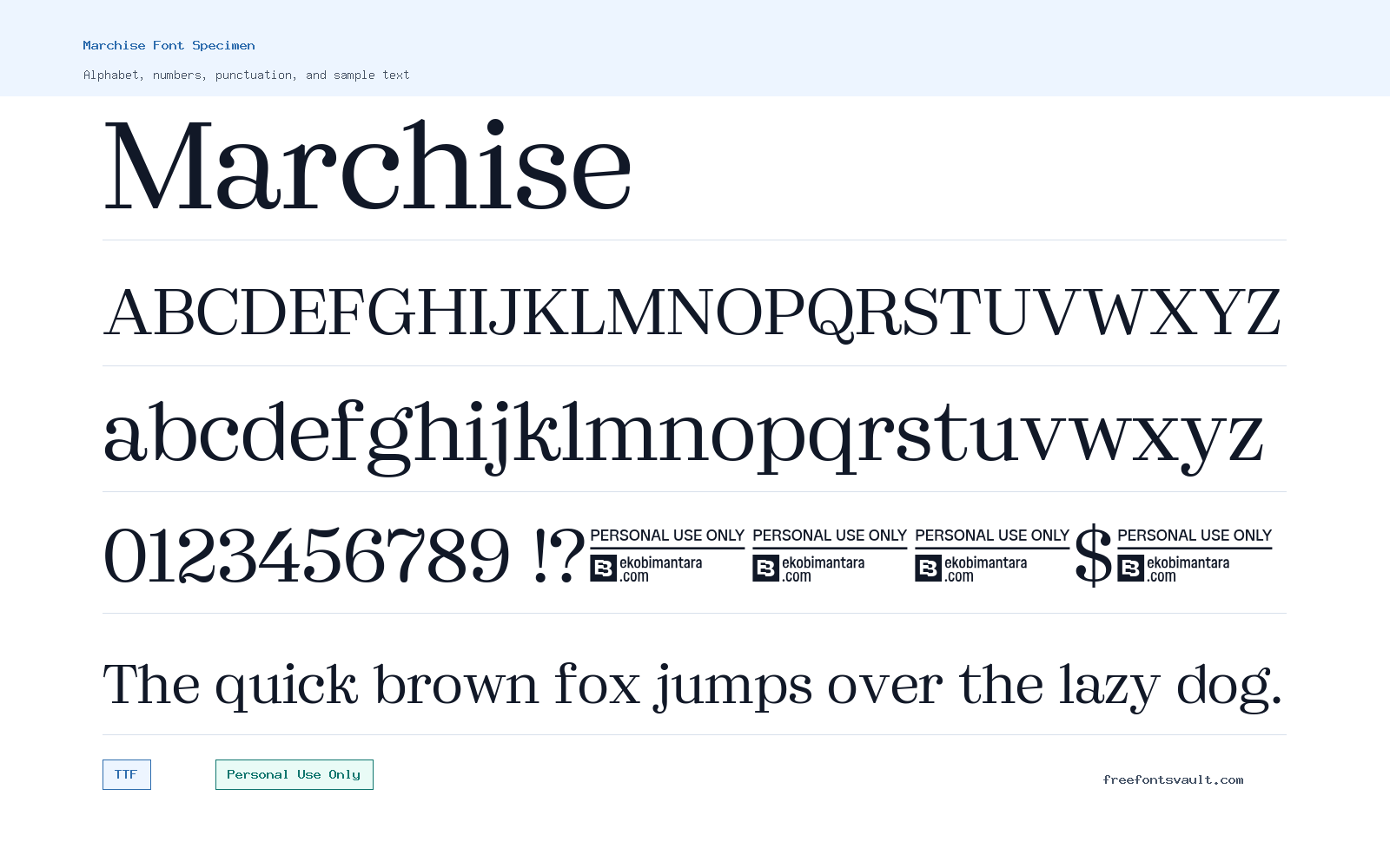 Marchise font specimen showing alphabet, numbers, and sample text