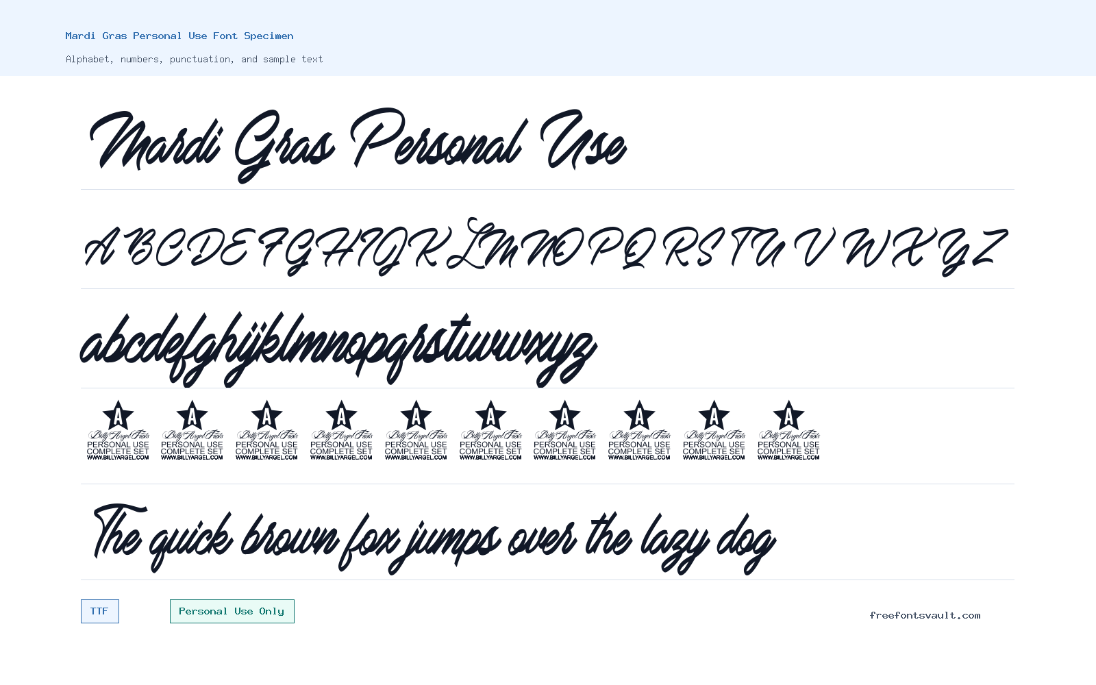 Mardi Gras Personal Use font specimen showing alphabet, numbers, and sample text