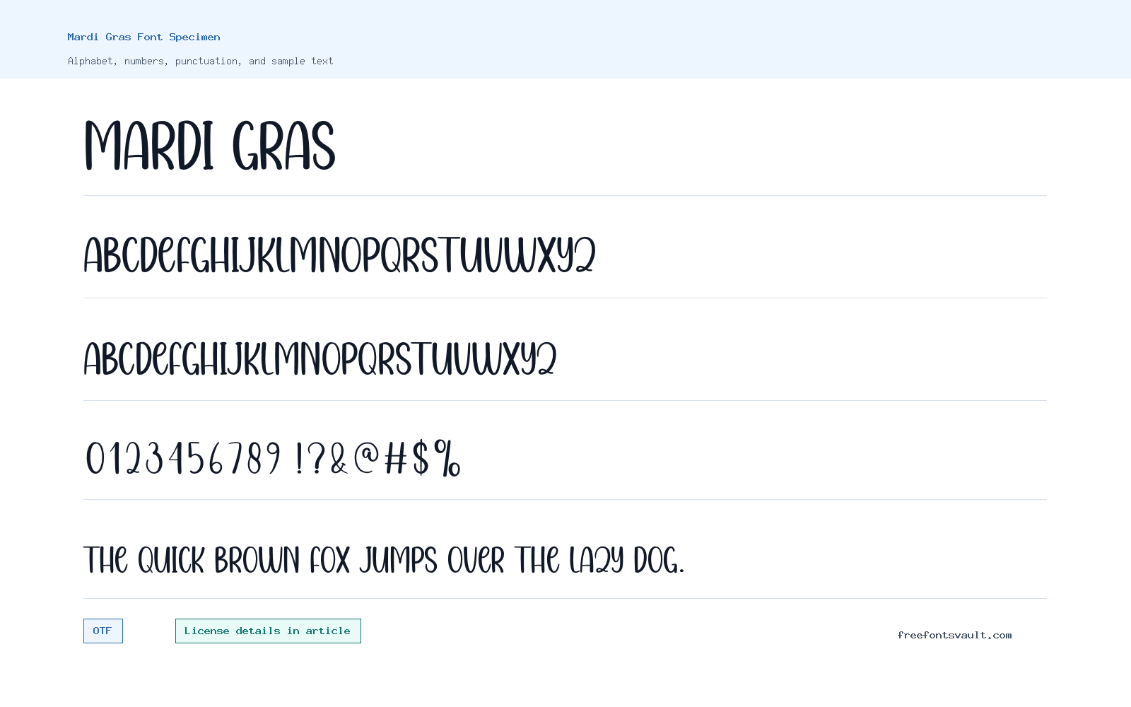 Mardi Gras font specimen showing alphabet, numbers, and sample text