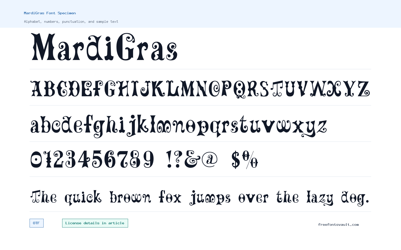 MardiGras font specimen showing alphabet, numbers, and sample text