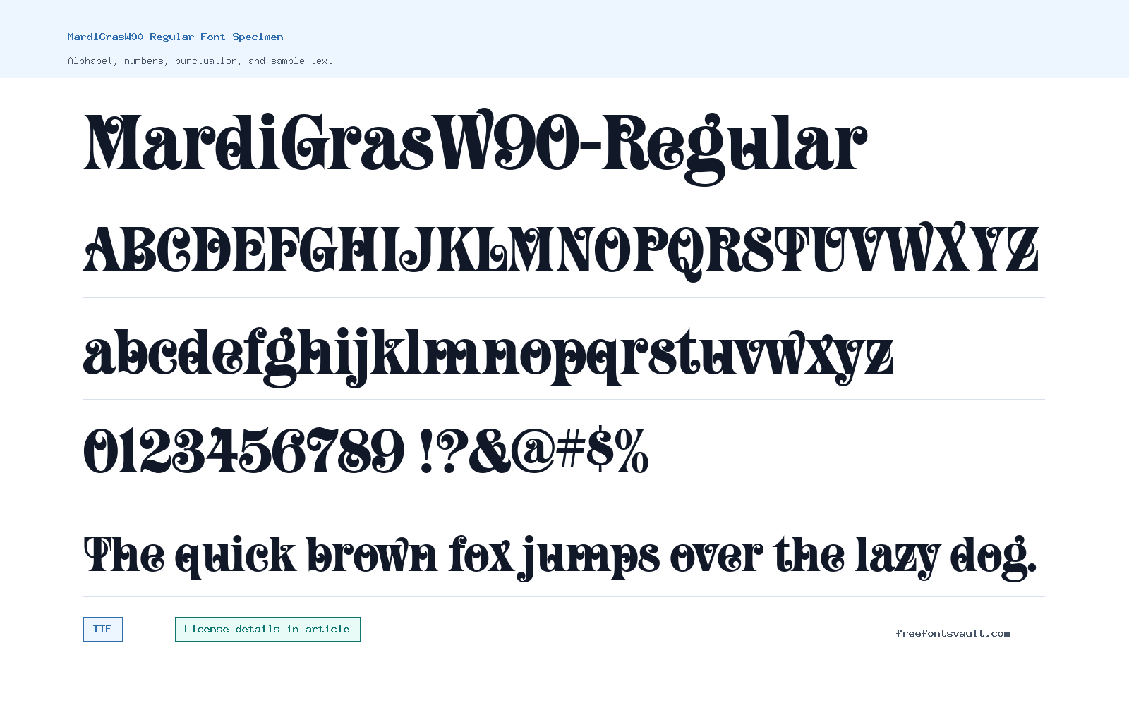MardiGrasW90-Regular font specimen showing alphabet, numbers, and sample text
