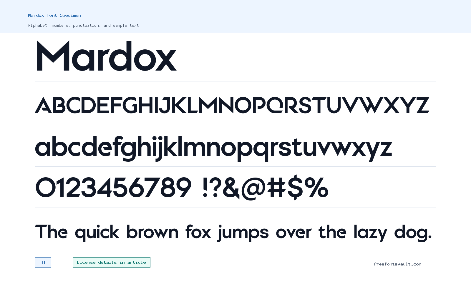 Mardox font specimen showing alphabet, numbers, and sample text