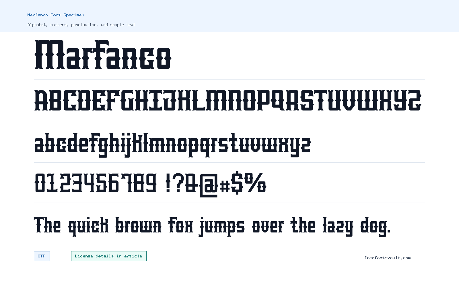 Marfanco font specimen showing alphabet, numbers, and sample text