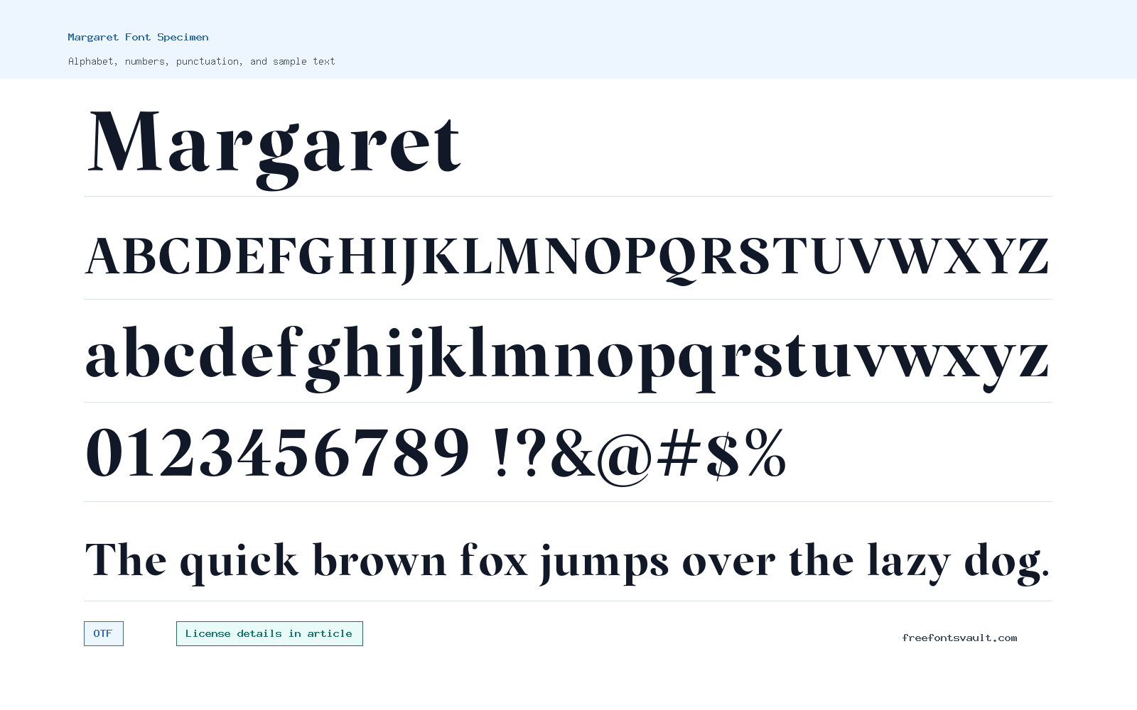 Margaret font specimen showing alphabet, numbers, and sample text