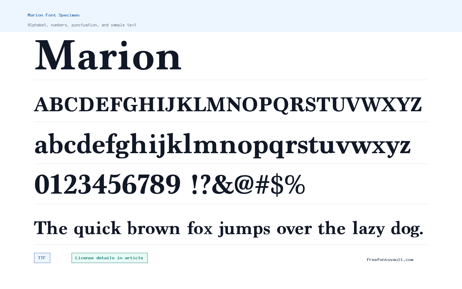 Marion font specimen showing alphabet, numbers, and sample text