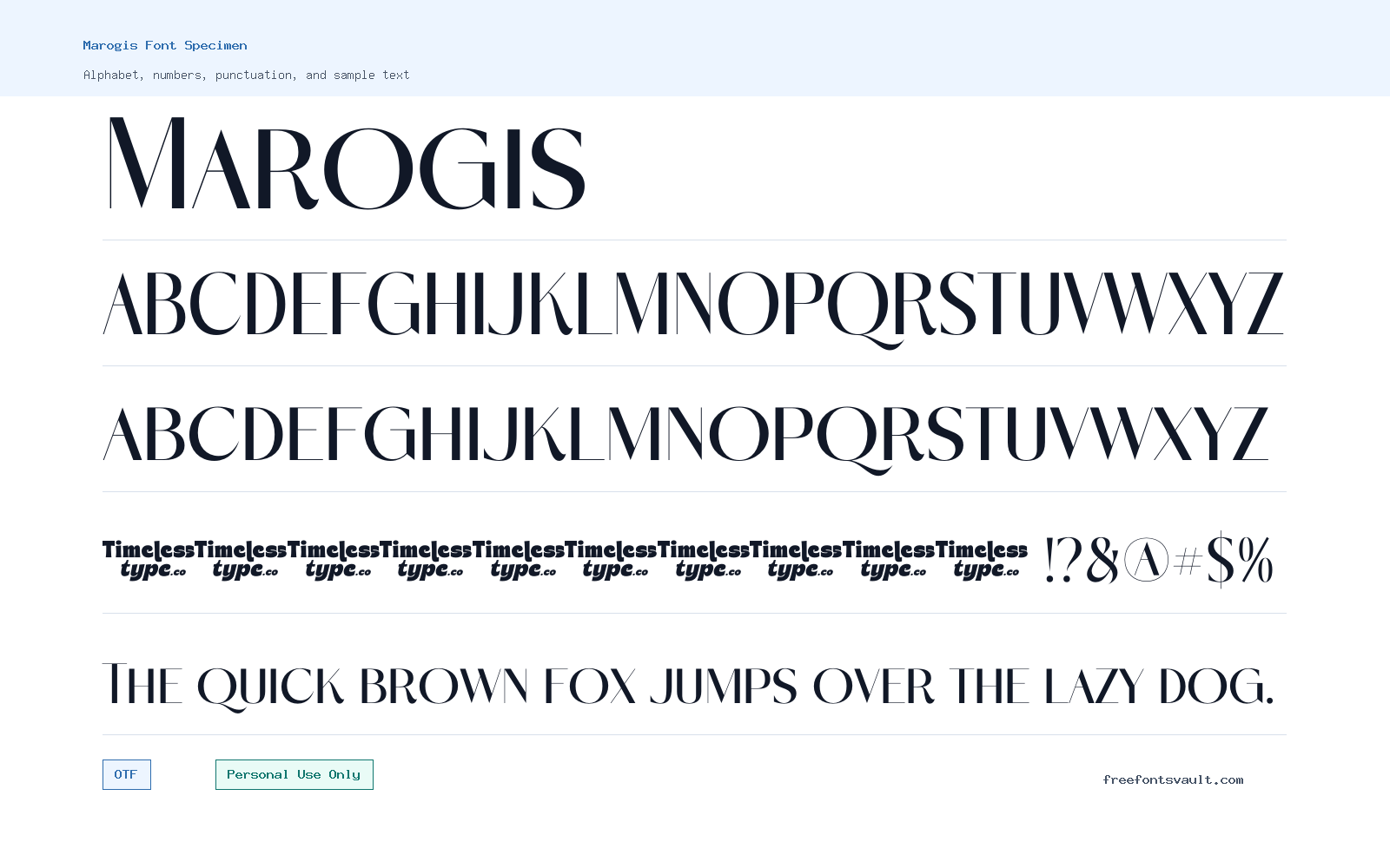 Marogis font specimen showing alphabet, numbers, and sample text