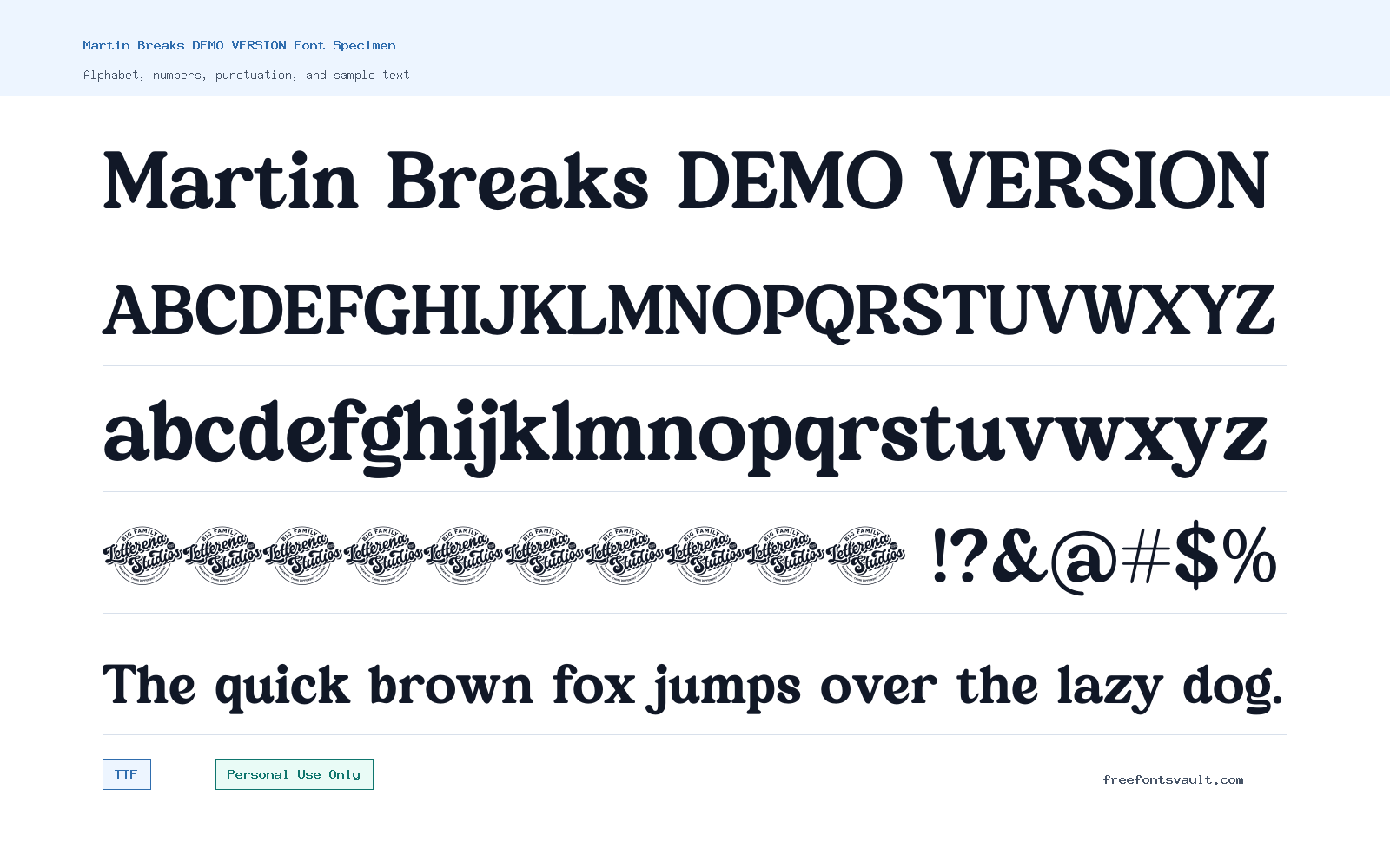 Martin Breaks DEMO VERSION font specimen showing alphabet, numbers, and sample text