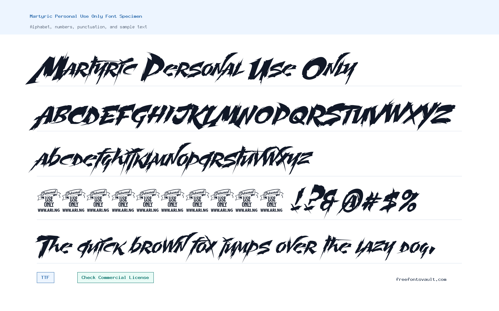 Martyric Personal Use Only font specimen showing alphabet, numbers, and sample text