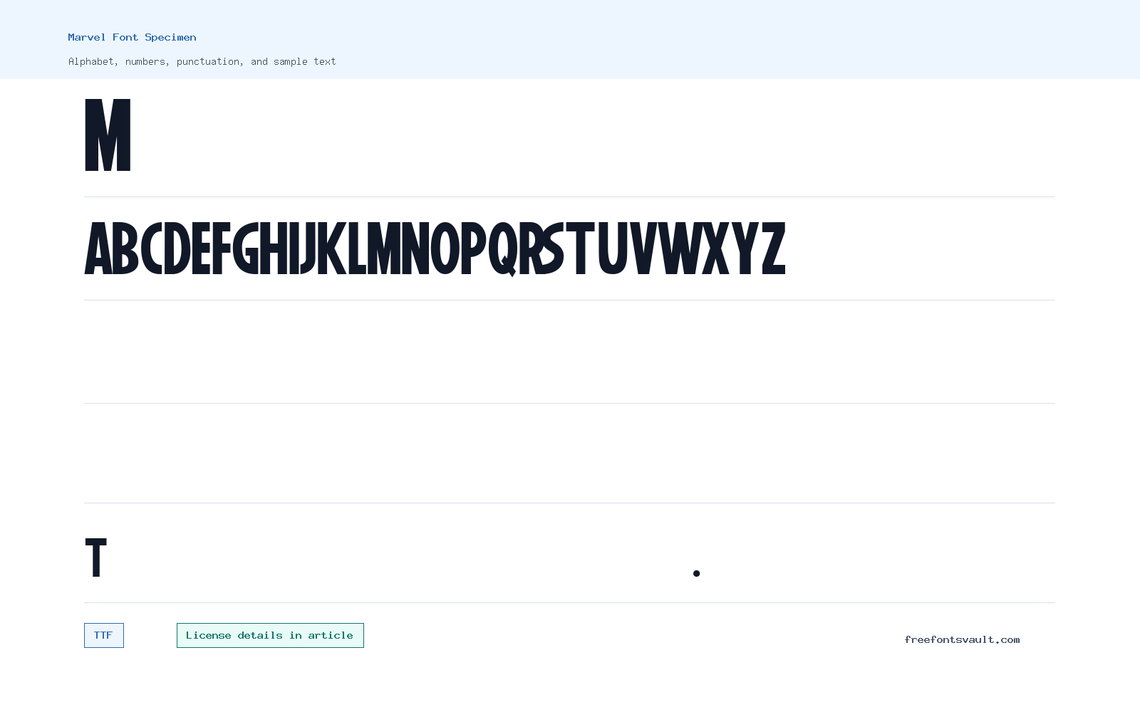 Marvel font specimen showing alphabet, numbers, and sample text