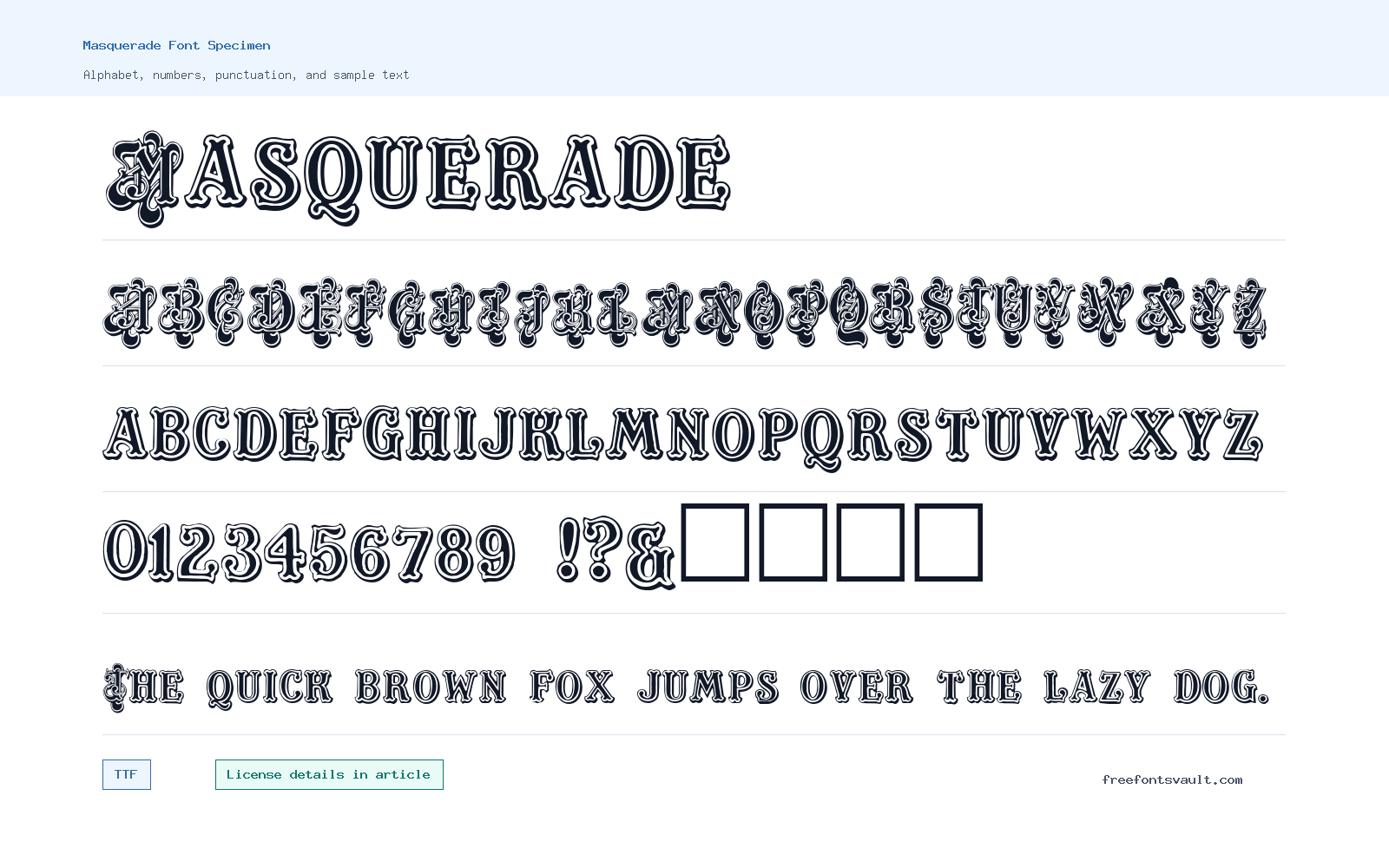 Masquerade font specimen showing alphabet, numbers, and sample text