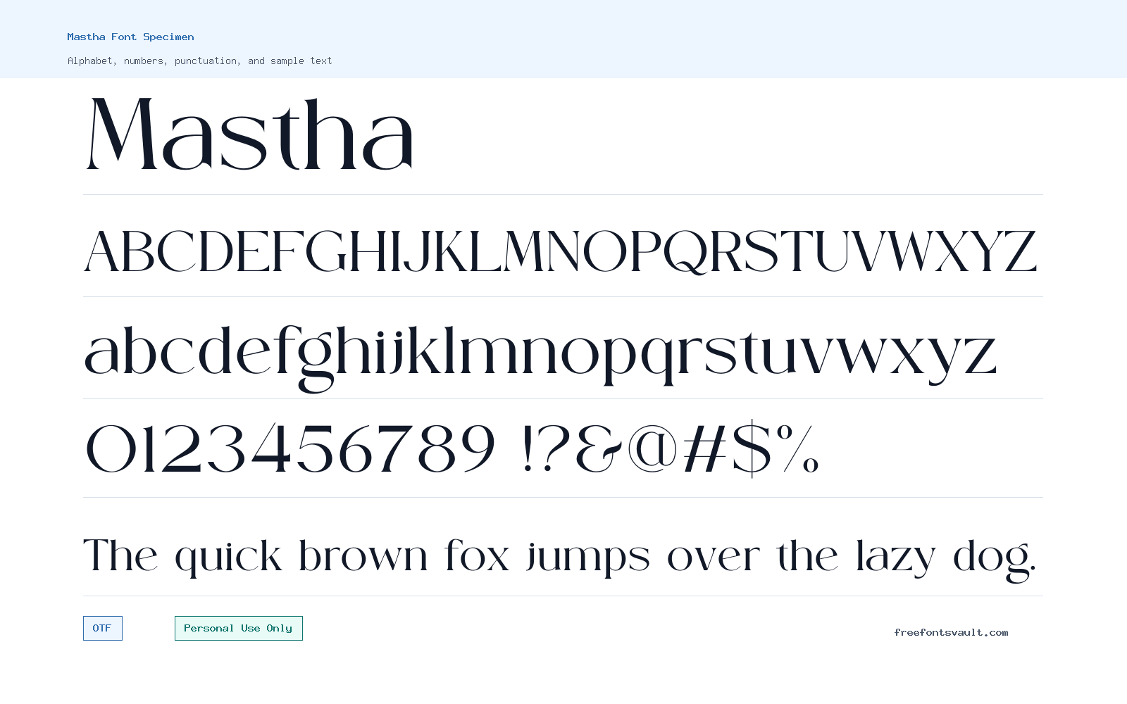 Mastha font specimen showing alphabet, numbers, and sample text
