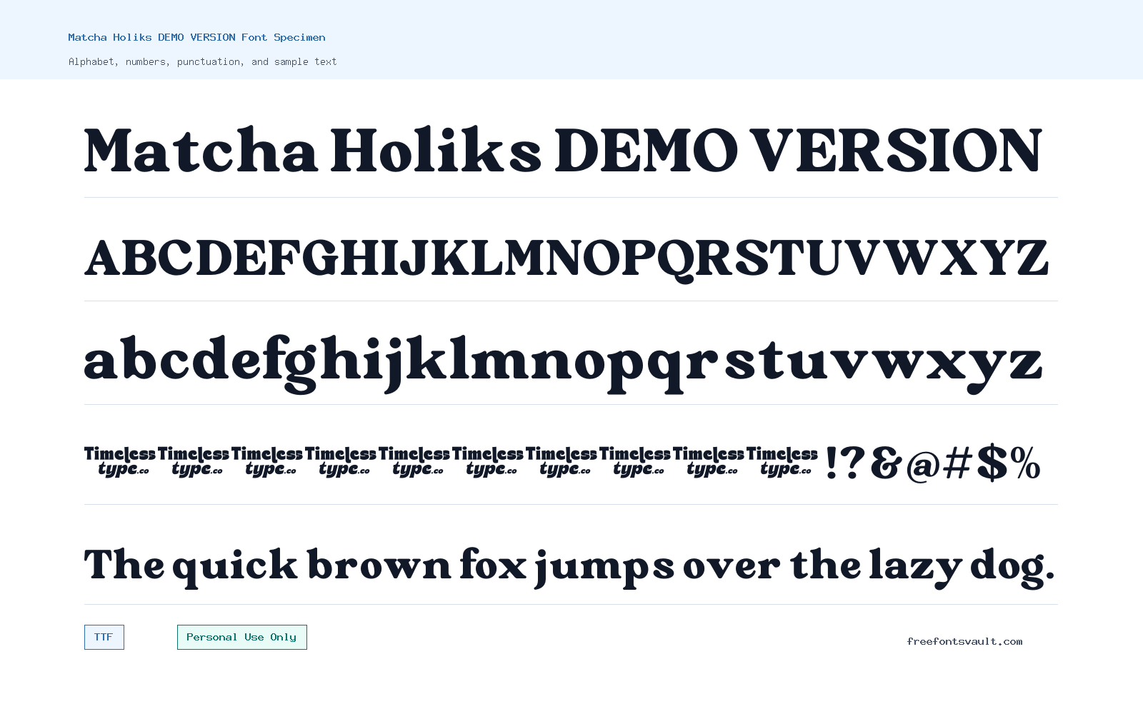 Matcha Holiks DEMO VERSION font specimen showing alphabet, numbers, and sample text