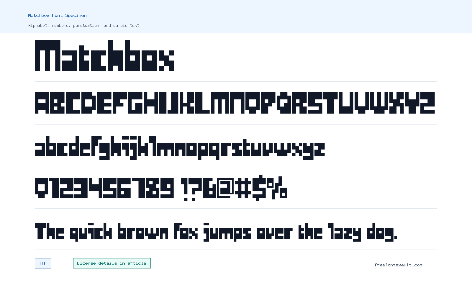 Matchbox font specimen showing alphabet, numbers, and sample text