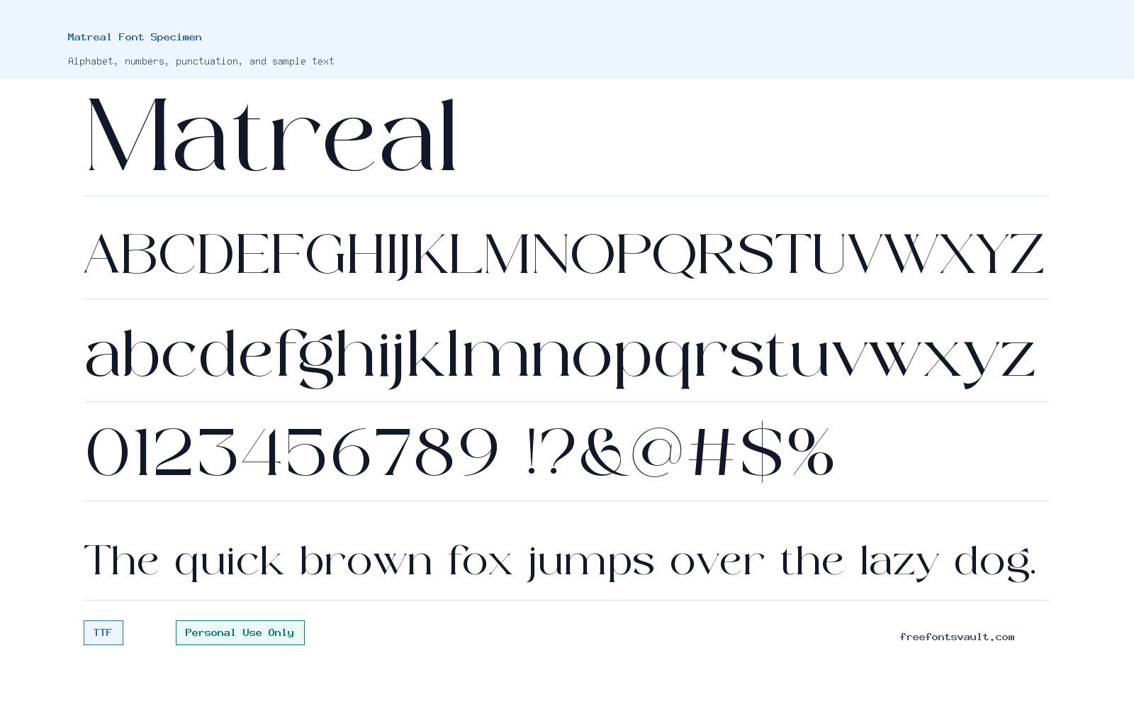 Matreal font specimen showing alphabet, numbers, and sample text