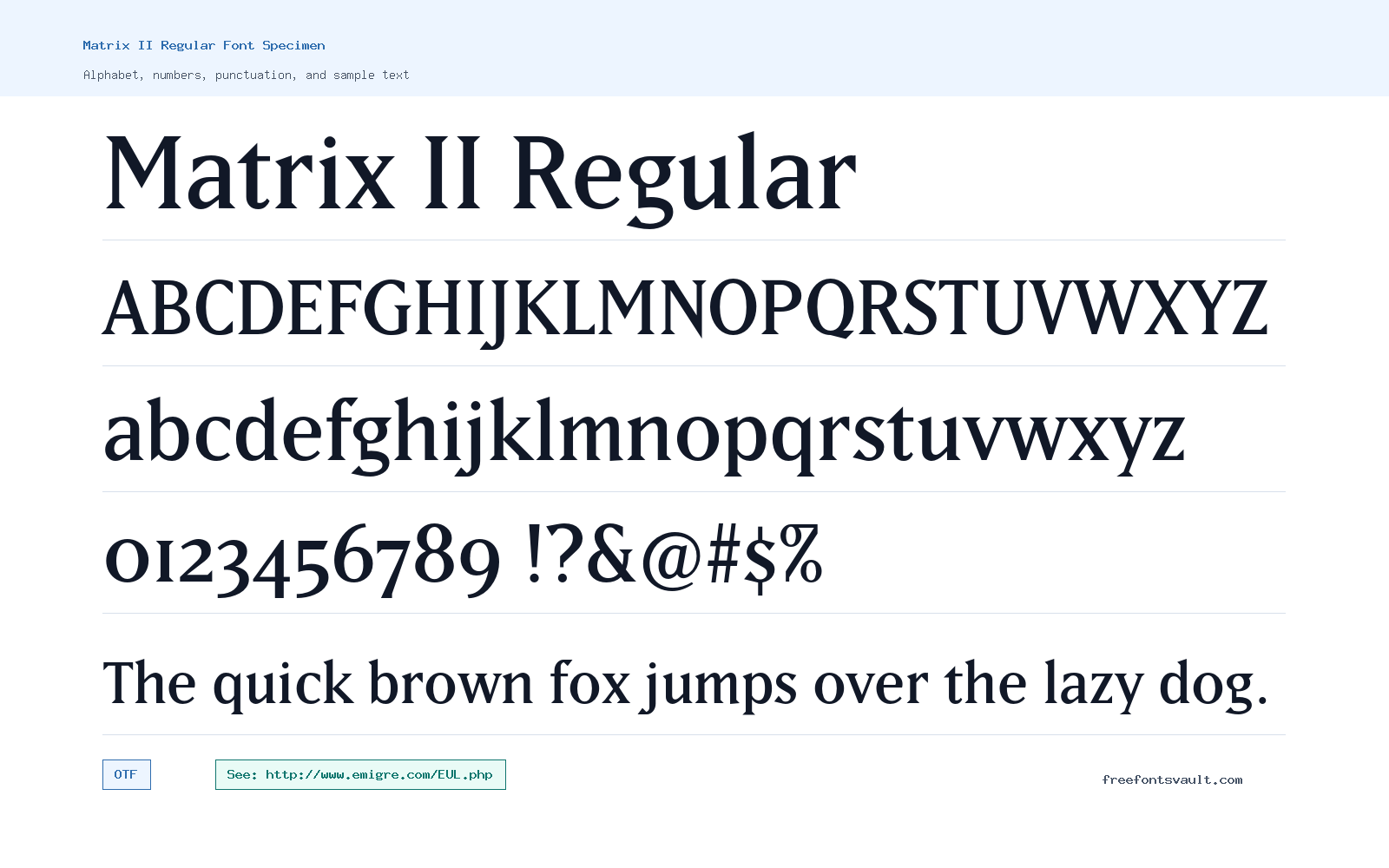 Matrix II Regular font specimen showing alphabet, numbers, and sample text