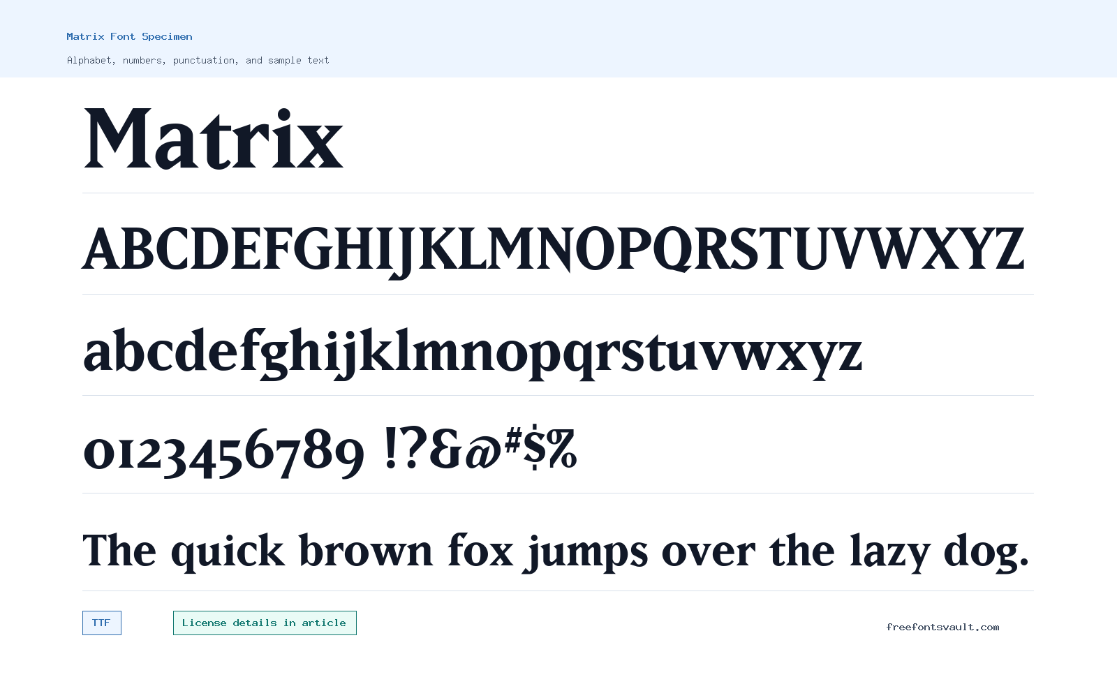 Matrix font specimen showing alphabet, numbers, and sample text