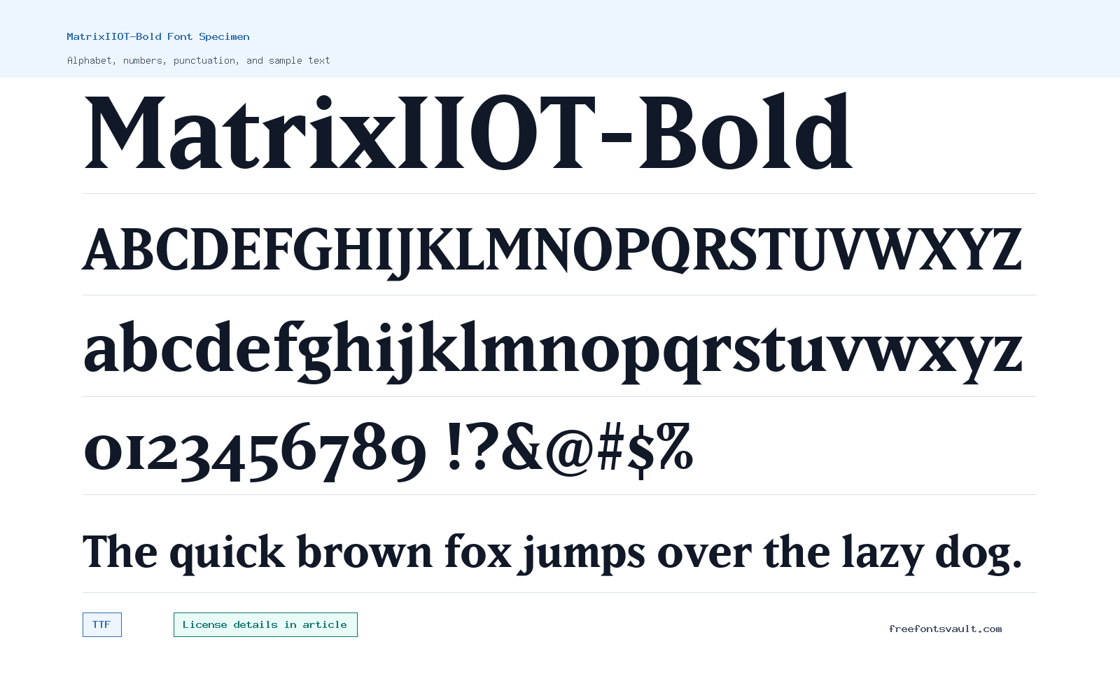 MatrixIIOT-Bold font specimen showing alphabet, numbers, and sample text
