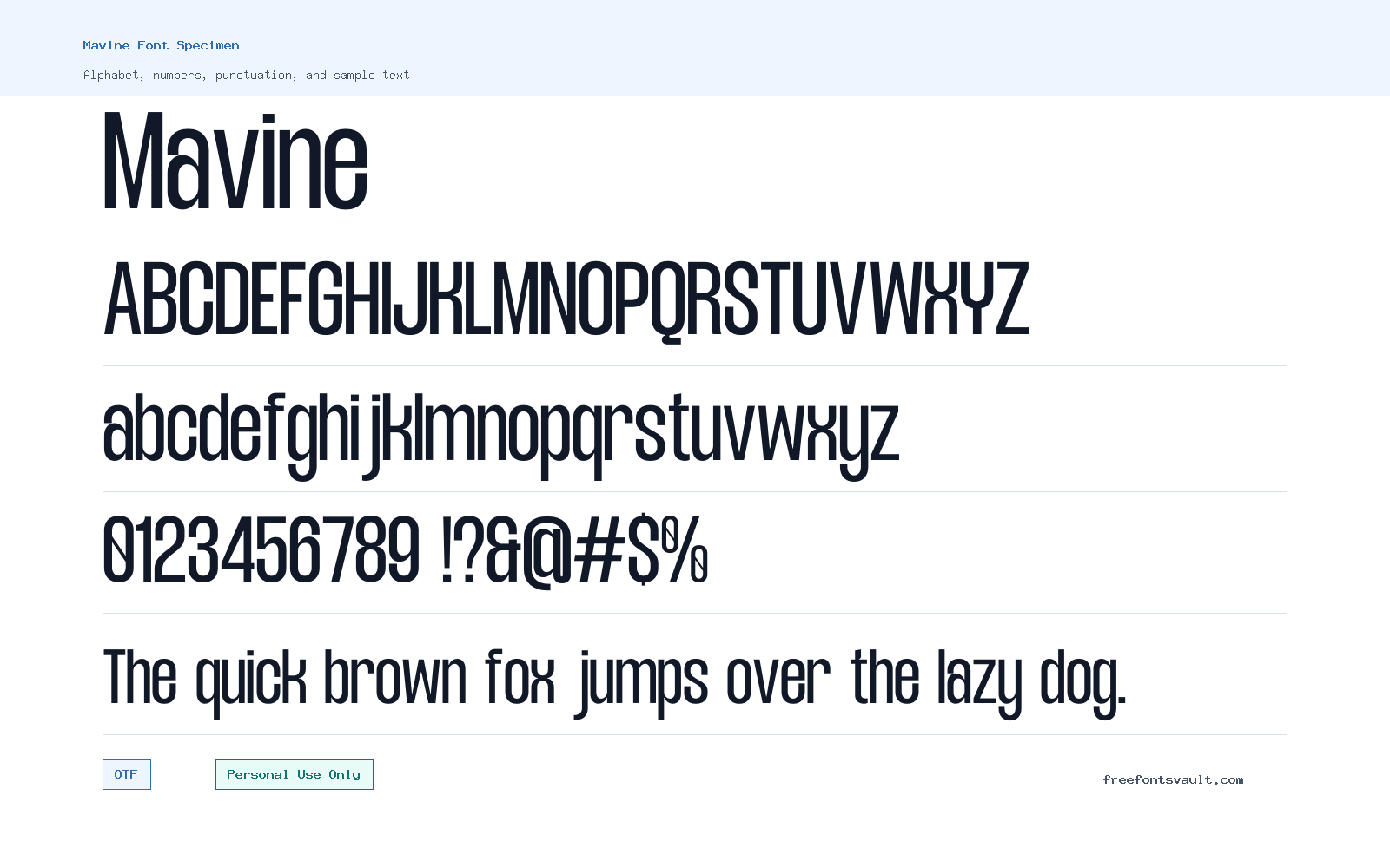 Mavine font specimen showing alphabet, numbers, and sample text