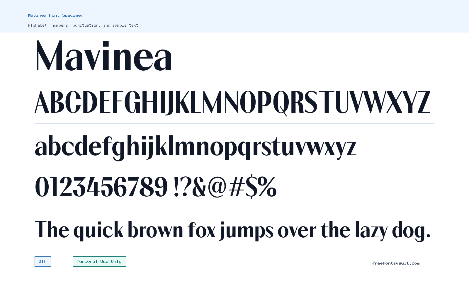 Mavinea font specimen showing alphabet, numbers, and sample text