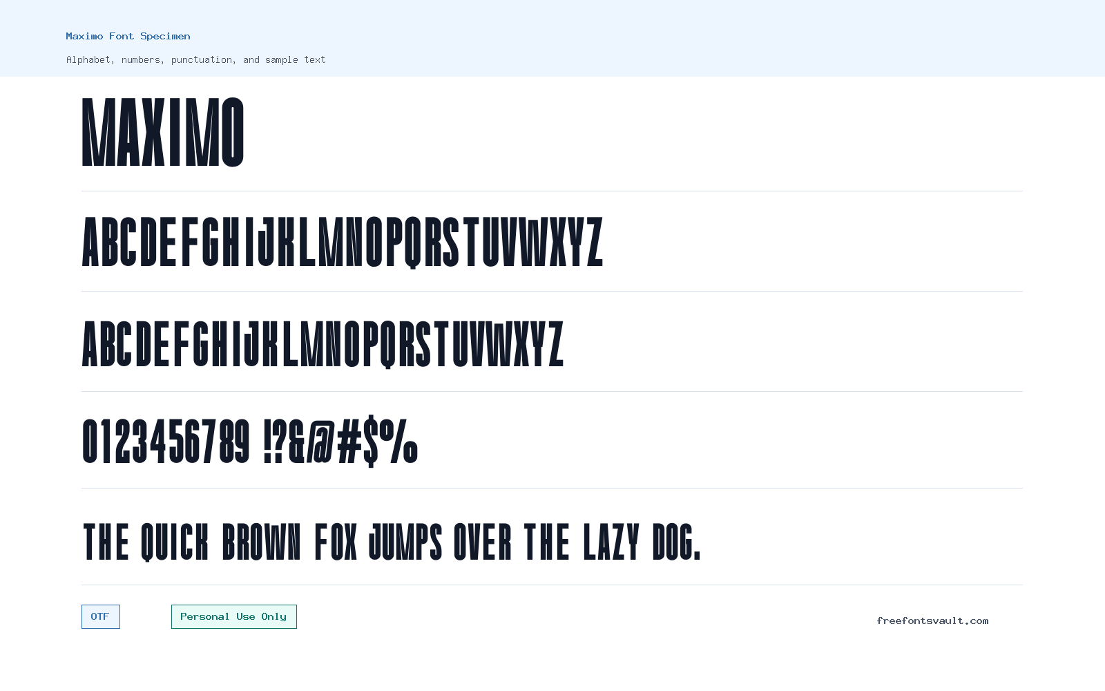 Maximo font specimen showing alphabet, numbers, and sample text