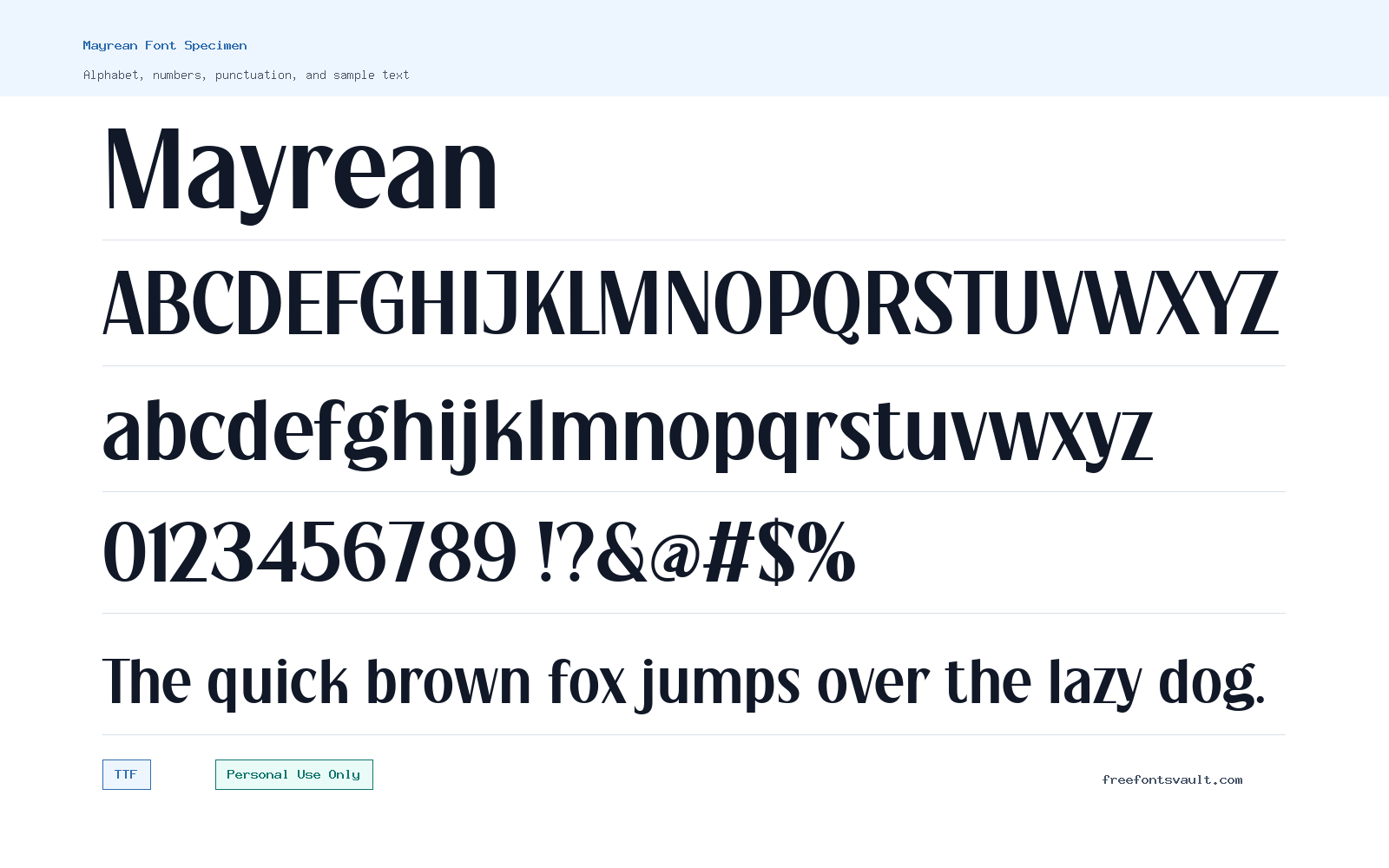 Mayrean font specimen showing alphabet, numbers, and sample text