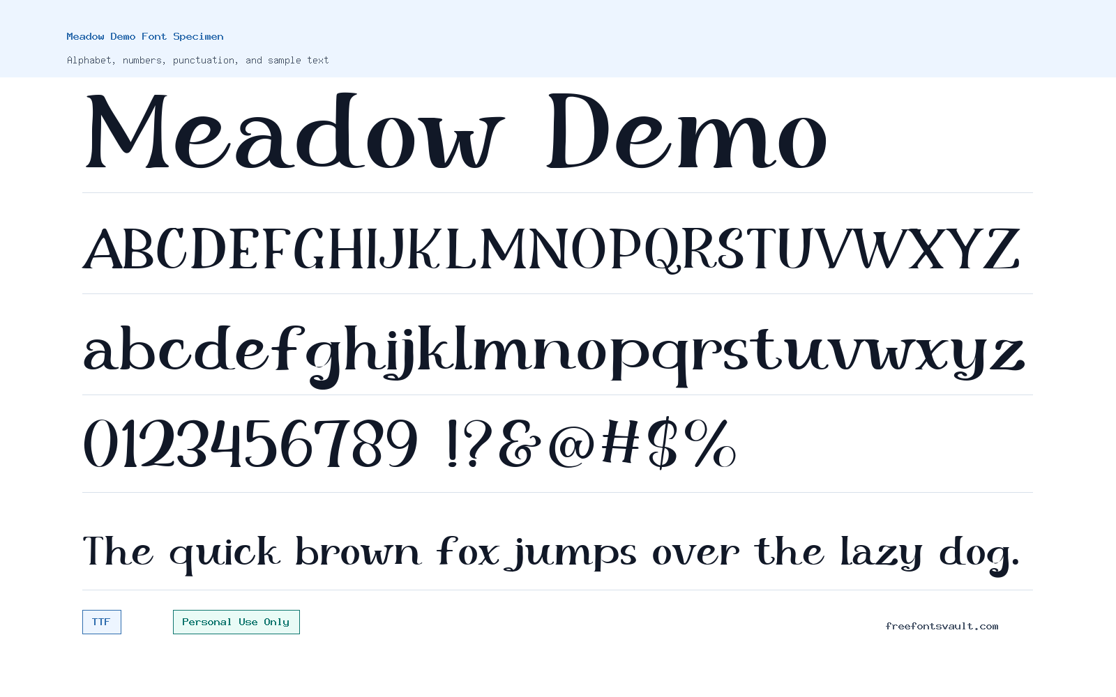 Meadow Demo font specimen showing alphabet, numbers, and sample text