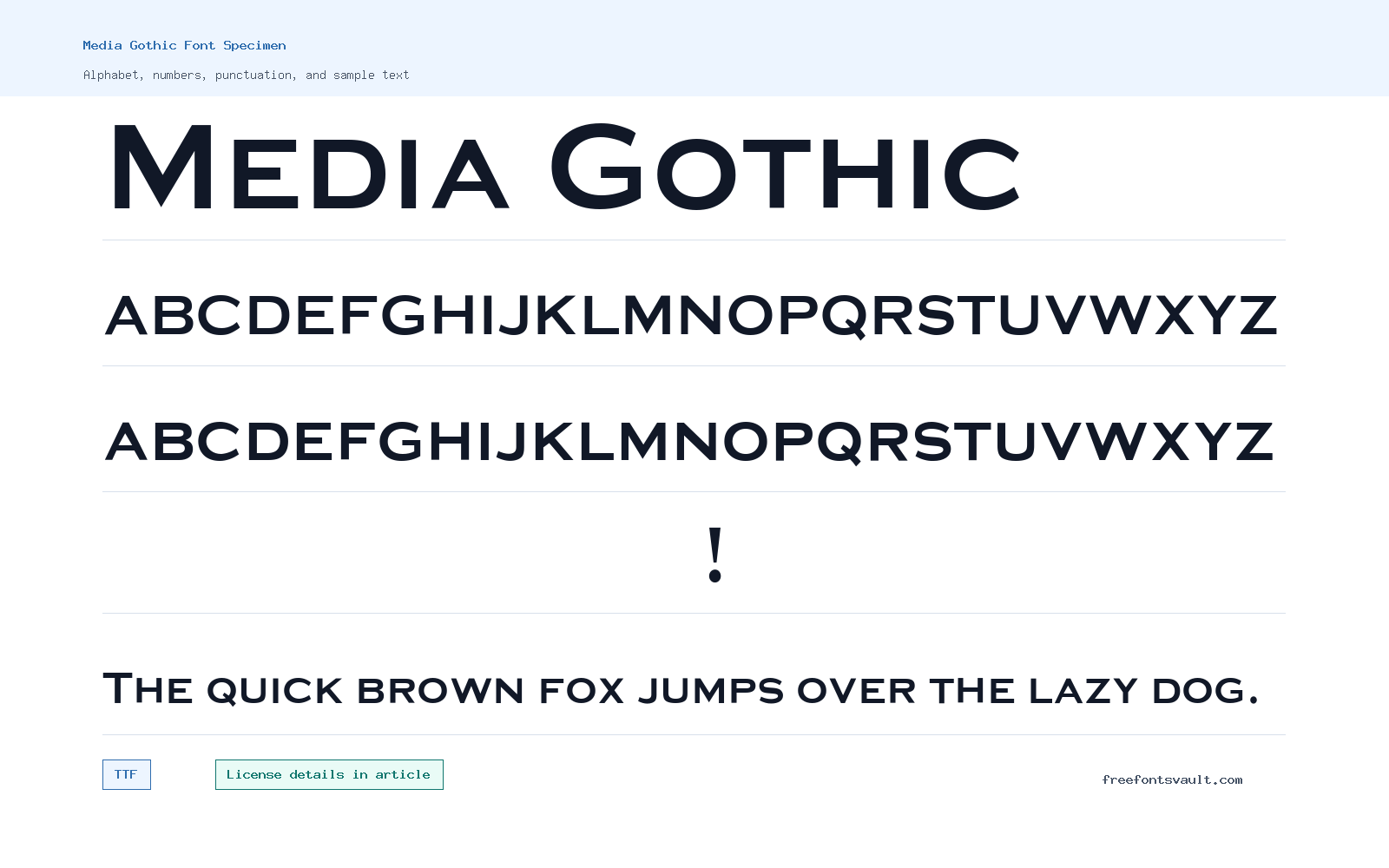 Media Gothic font specimen showing alphabet, numbers, and sample text