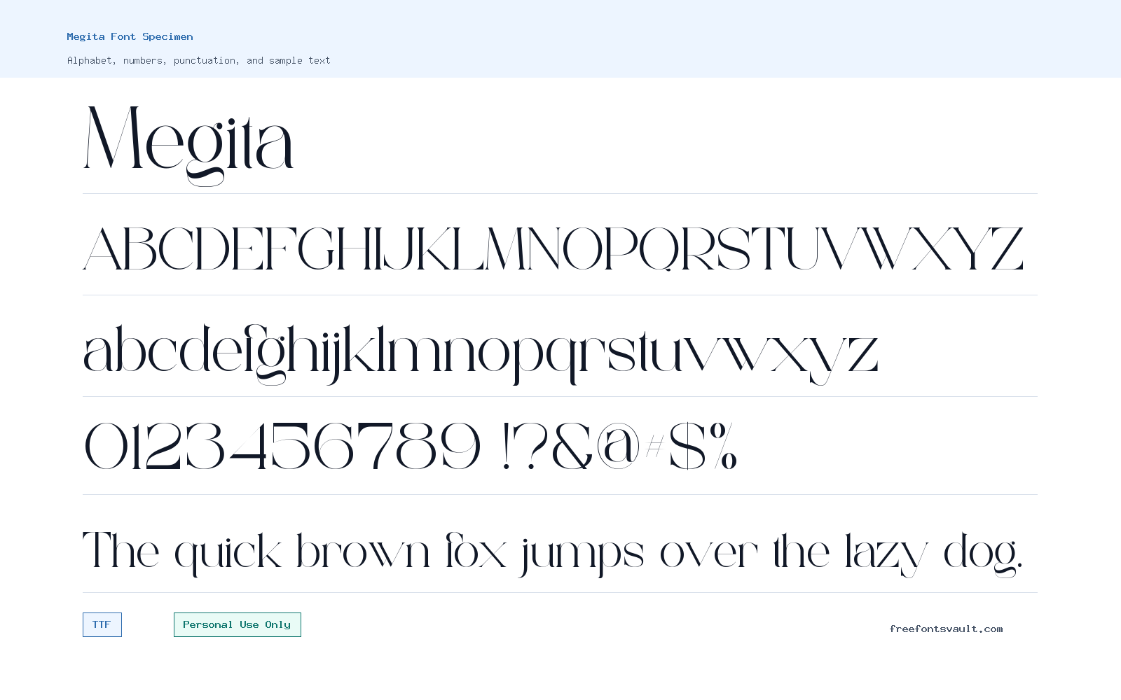 Megita font specimen showing alphabet, numbers, and sample text