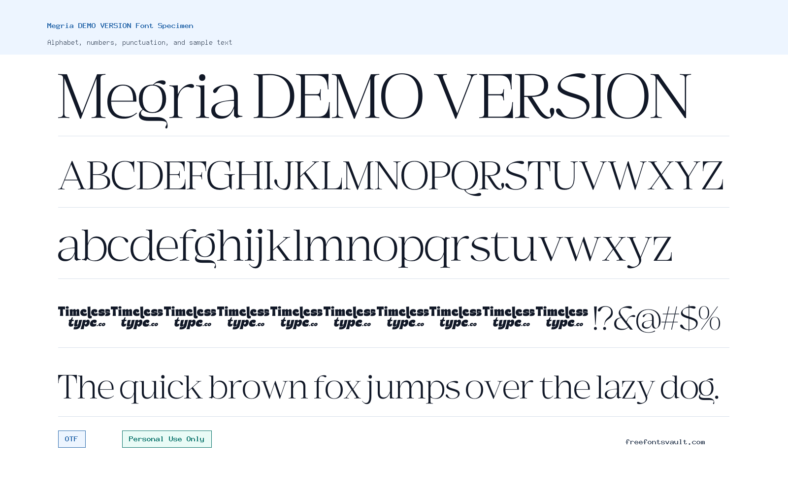 Megria DEMO VERSION font specimen showing alphabet, numbers, and sample text