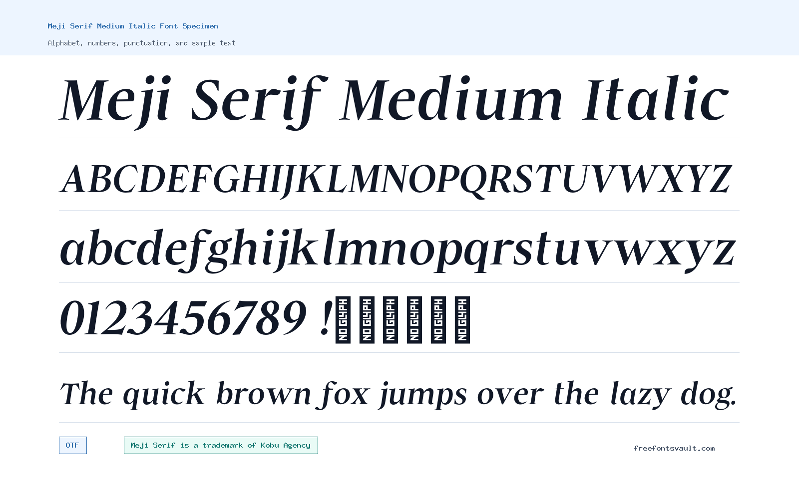 Meji Serif Medium Italic font specimen showing alphabet, numbers, and sample text