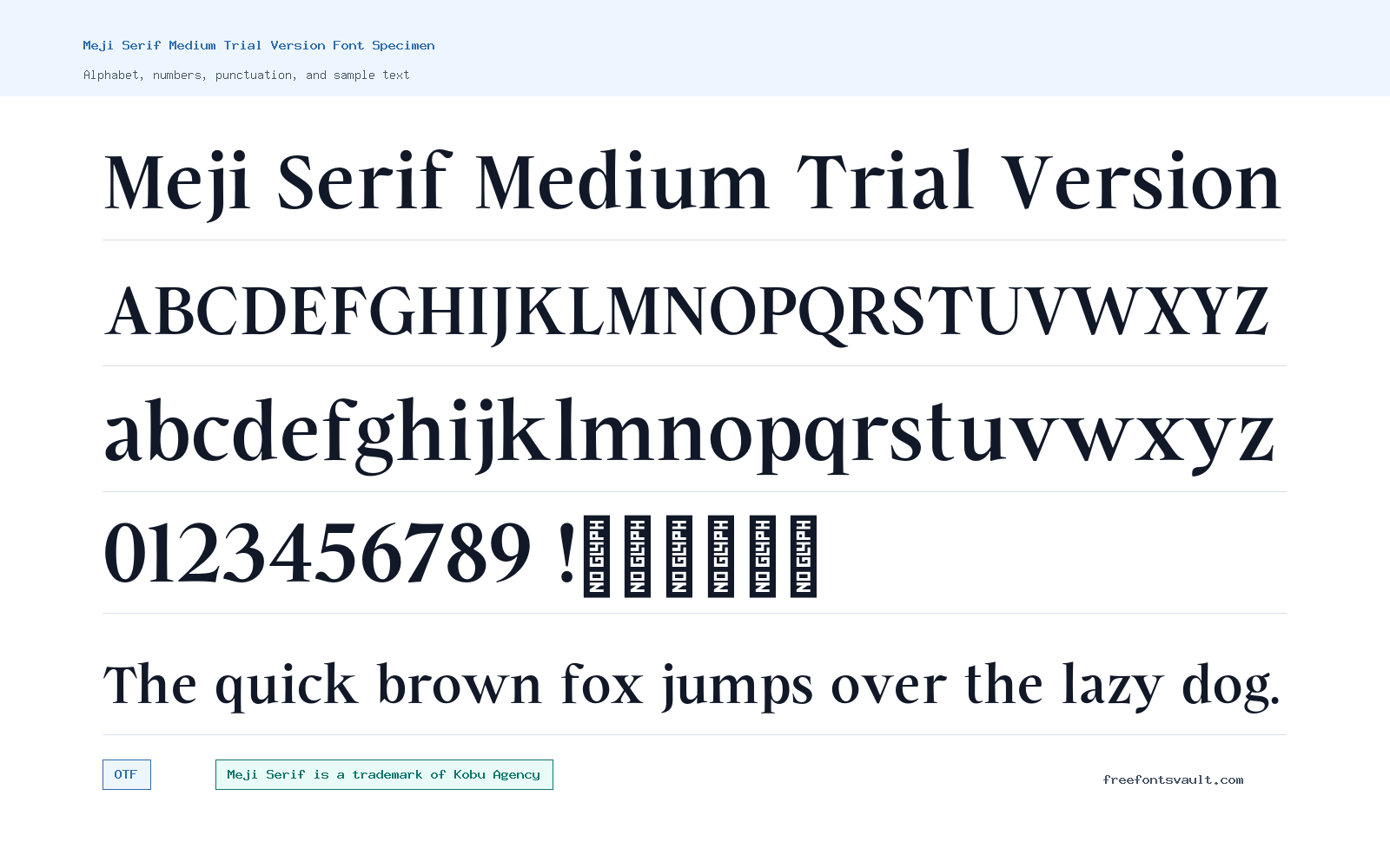 Meji Serif Medium Trial Version font specimen showing alphabet, numbers, and sample text
