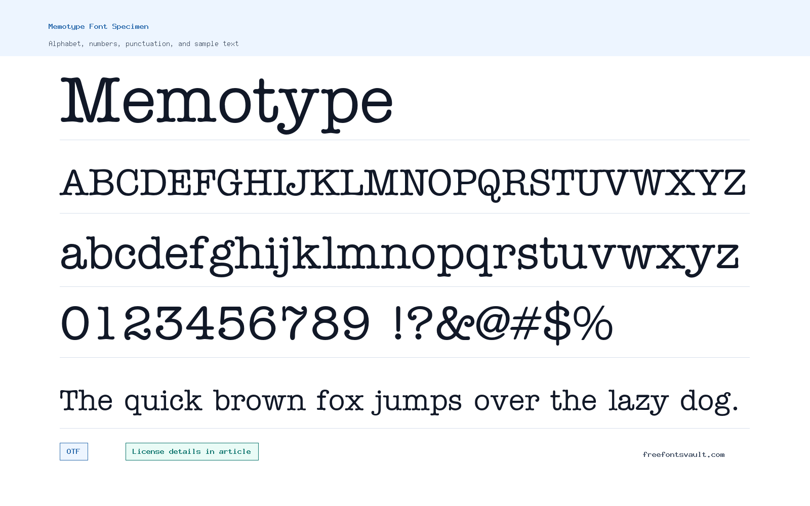 Memotype font specimen showing alphabet, numbers, and sample text