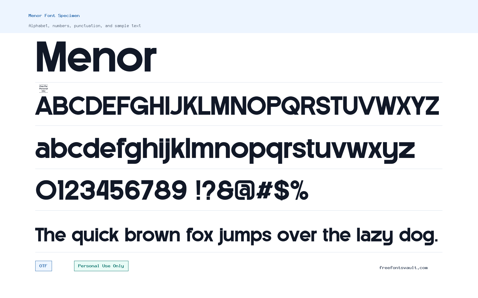 Menor font specimen showing alphabet, numbers, and sample text