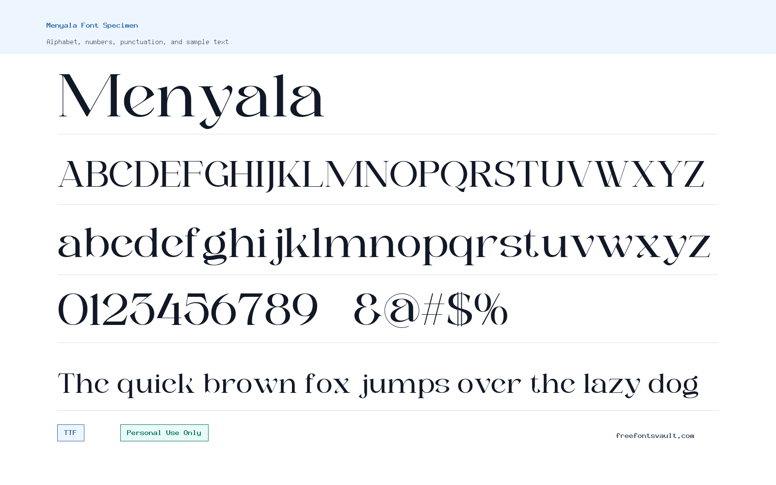 Menyala font specimen showing alphabet, numbers, and sample text