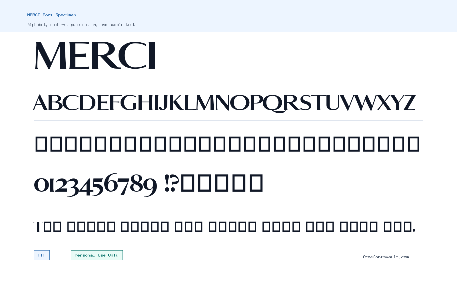 MERCI font specimen showing alphabet, numbers, and sample text