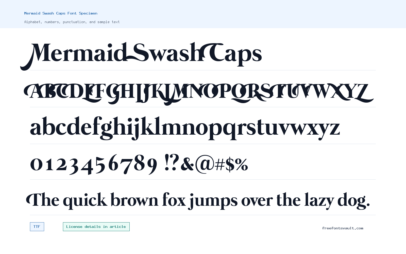 Mermaid Swash Caps font specimen showing alphabet, numbers, and sample text