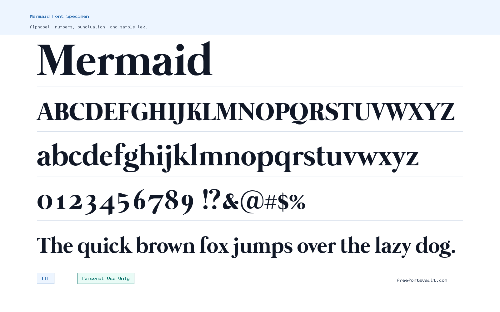 Mermaid font specimen showing alphabet, numbers, and sample text