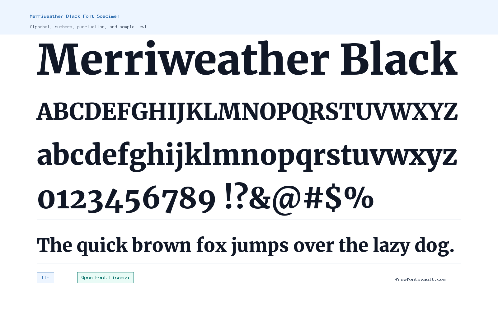 Merriweather Black font specimen showing alphabet, numbers, and sample text