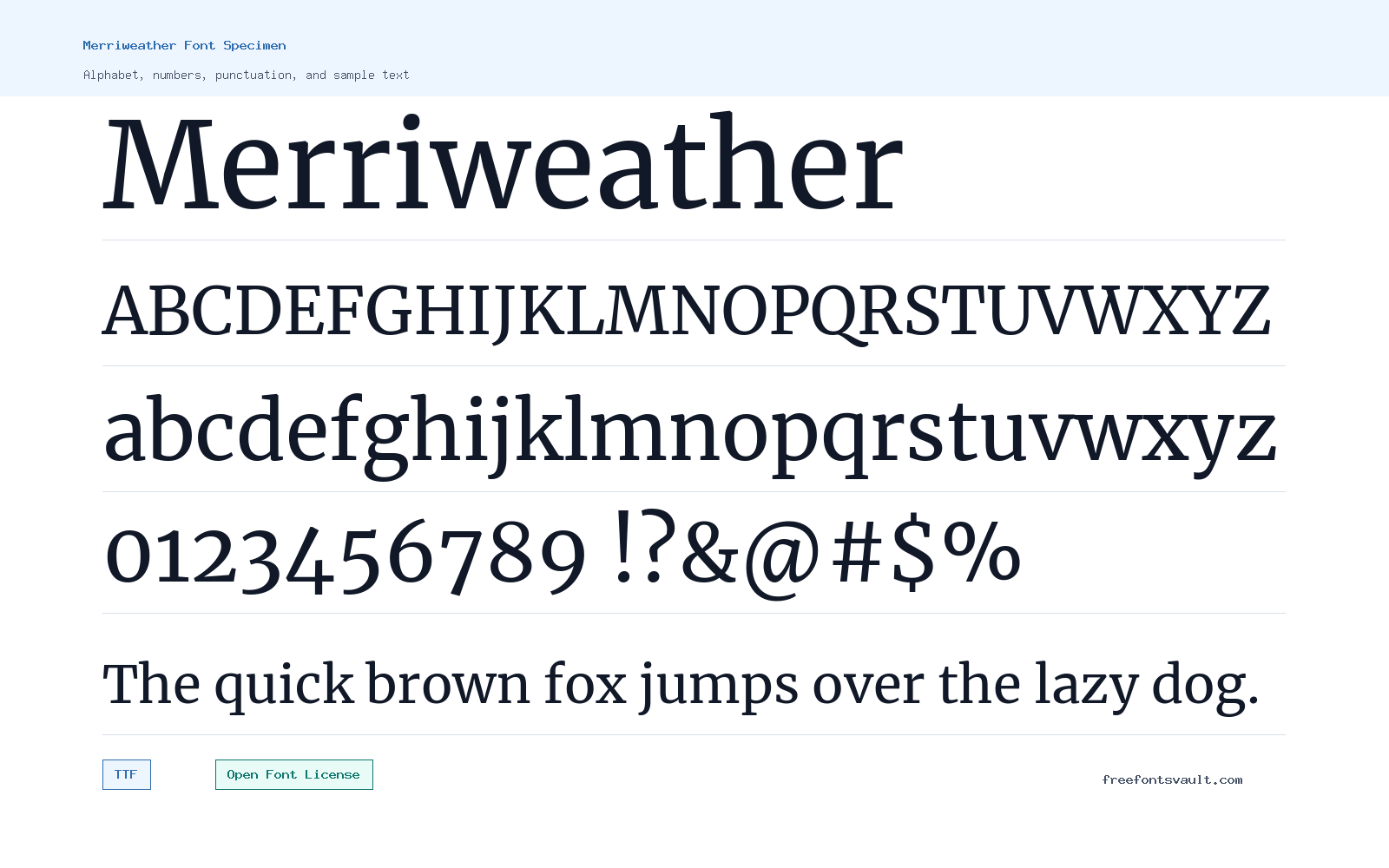 Merriweather font specimen showing alphabet, numbers, and sample text