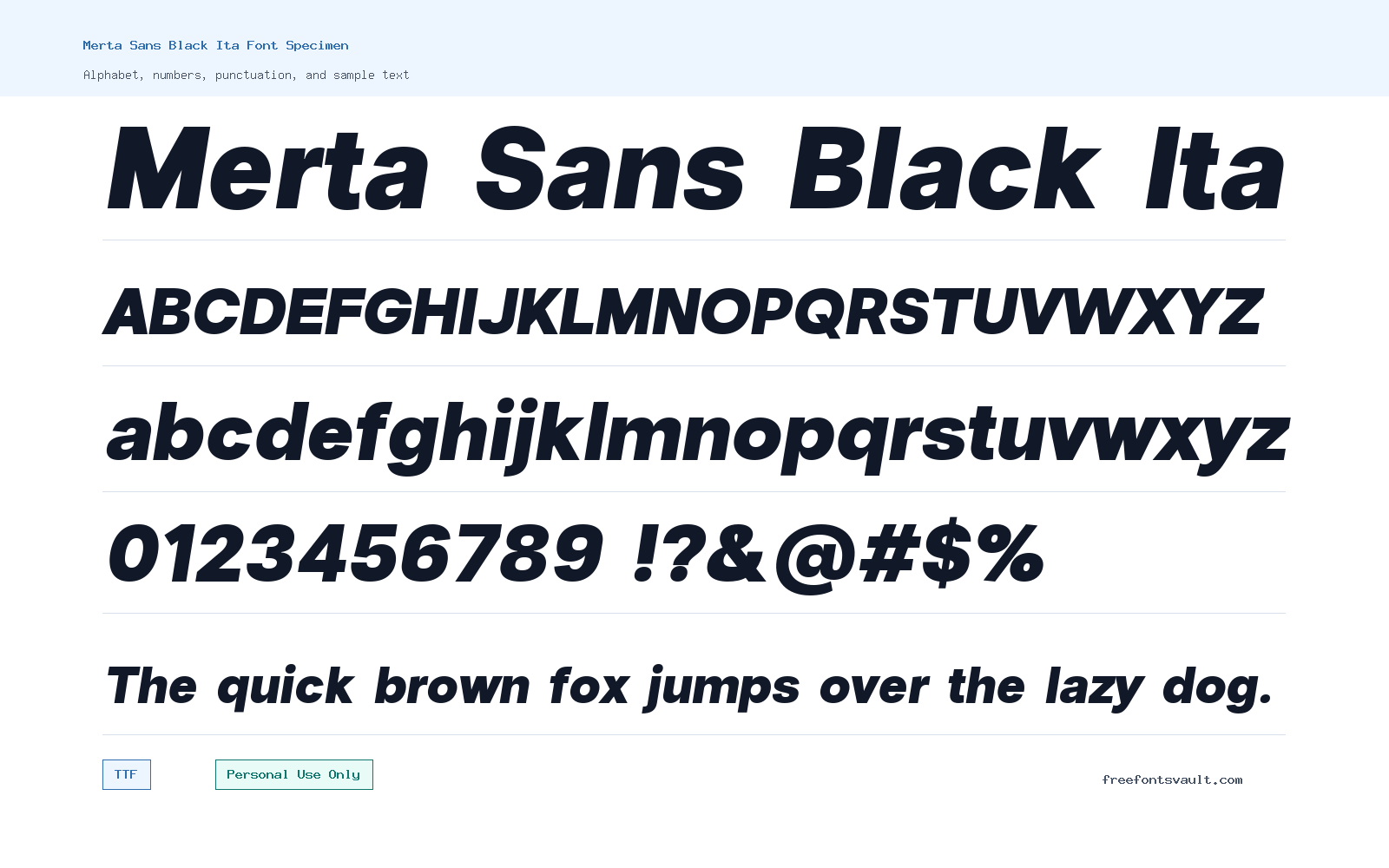 Merta Sans Black Ita font specimen showing alphabet, numbers, and sample text