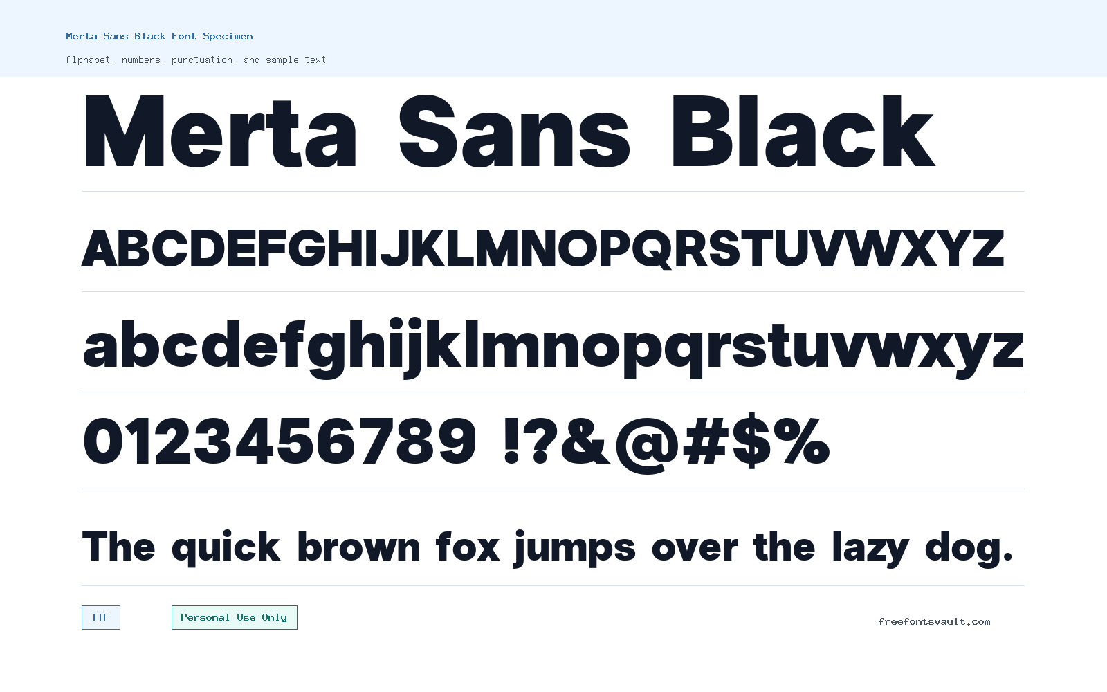 Merta Sans Black font specimen showing alphabet, numbers, and sample text